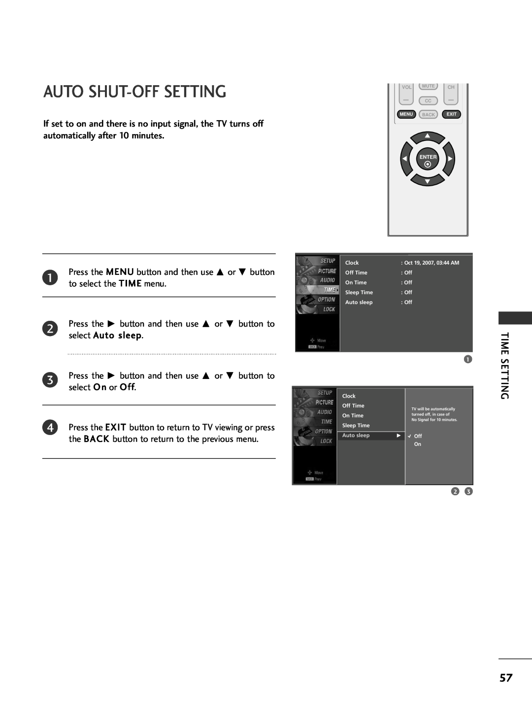 LG Electronics 32PC5DVC owner manual Auto Shut-Off Setting, Time, Auto sleep 