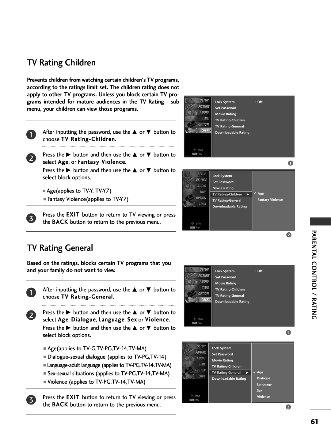 LG Electronics 32PC5DVC owner manual TV Rating Children, TV Rating General, TV Rating-Children, TV Rating-General 