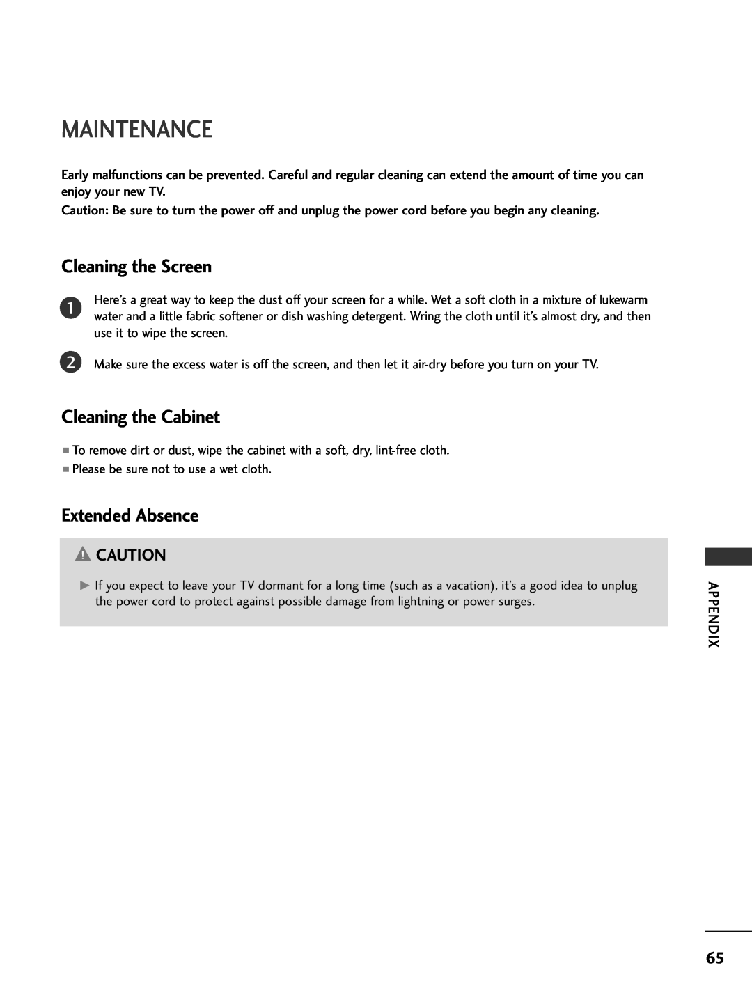 LG Electronics 32PC5DVC owner manual Maintenance, Cleaning the Screen, Cleaning the Cabinet, Extended Absence 