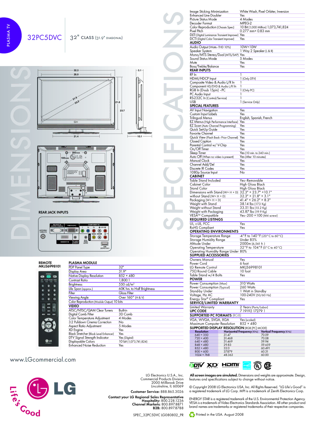 LG Electronics 32PC5DVC32 Audio, Rear Inputs, Special Features, Cabinet, Required Listings, Supplied Accessories, Video 