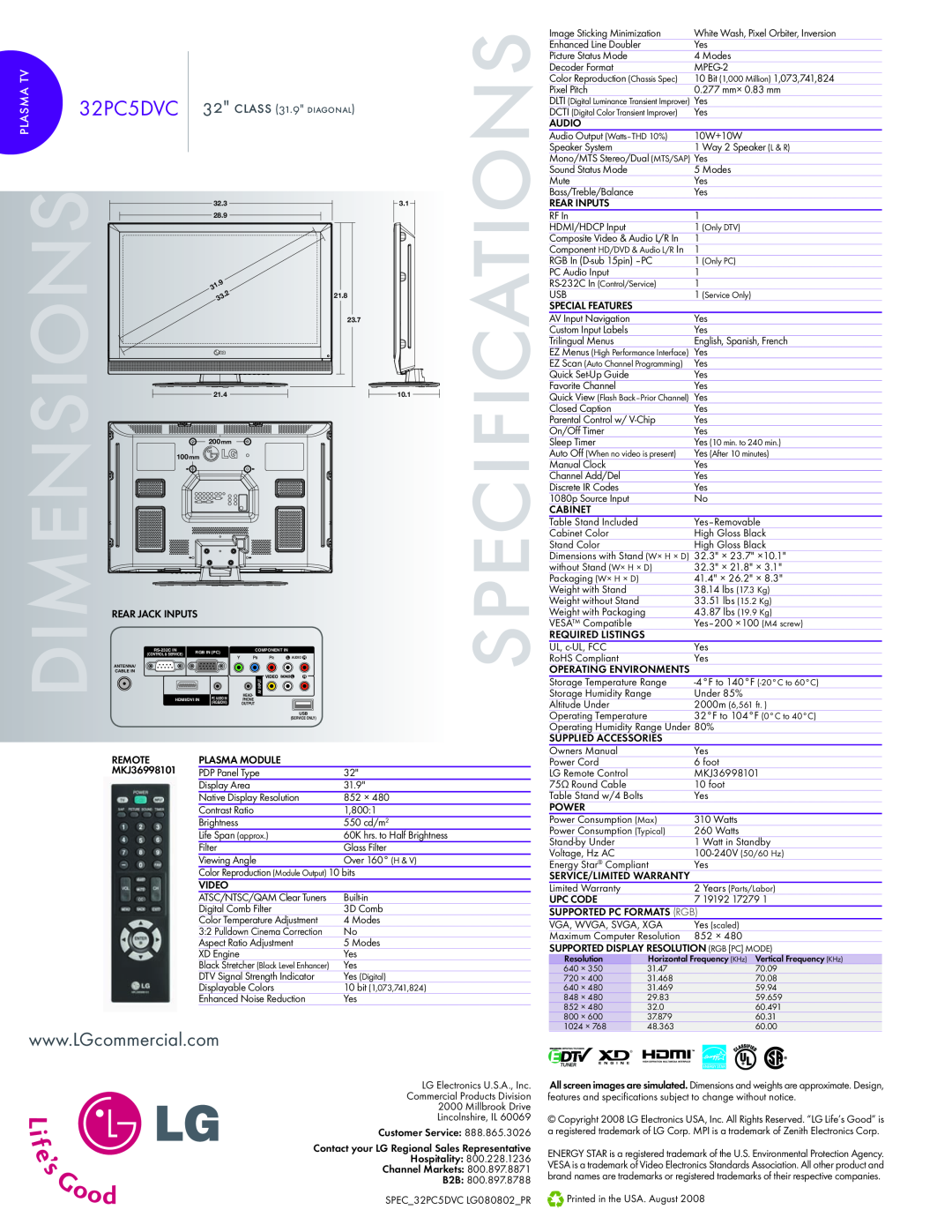 LG Electronics 32PC5DVC32 warranty dimensions, specifications, plasma, class 31.9 diagonal 