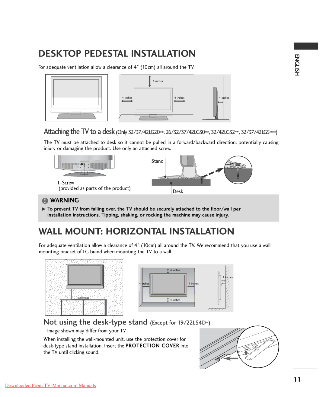 LG Electronics 4422LLGG2200, 3322LLGG3322, 3322LLGG3300, 3377LLGG3300, 3377LLGG5500, 3322LLGG55 Desktop Pedestal Installation 