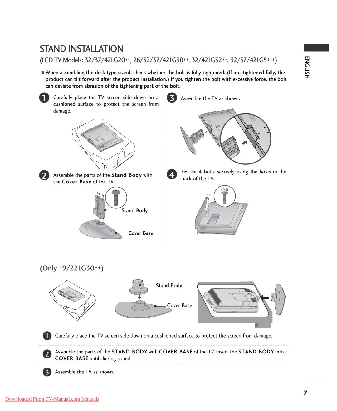 LG Electronics 2222LLGG3300, 3322LLGG3322, 3322LLGG3300, 3377LLGG3300, 3377LLGG5500 Stand Installation, Only 19/22LG30 