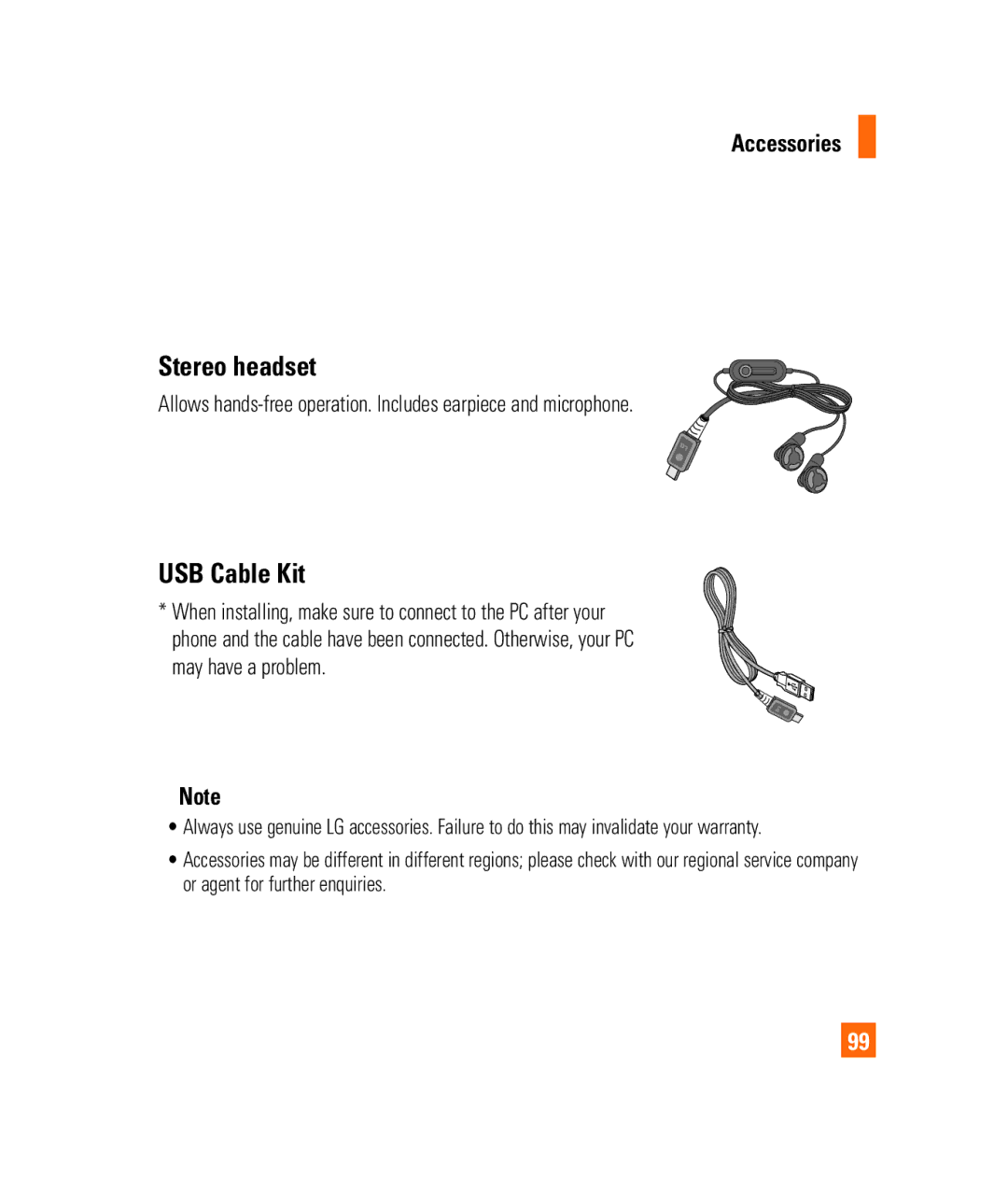 LG Electronics 3350232 manual Stereo headset, USB Cable Kit, Accessories 