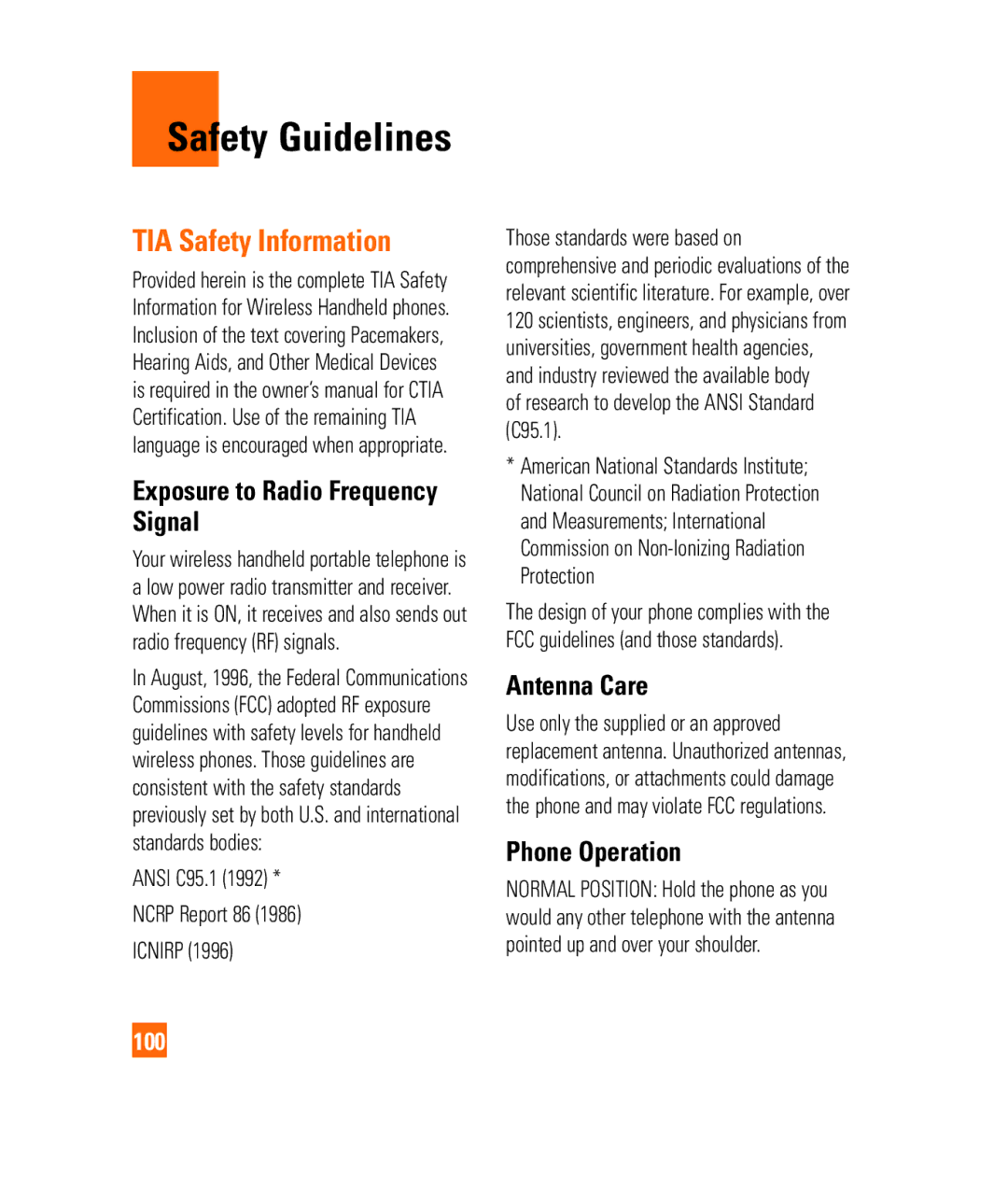 LG Electronics 3350232 manual Safety Guidelines, TIA Safety Information, Exposure to Radio Frequency Signal, Antenna Care 