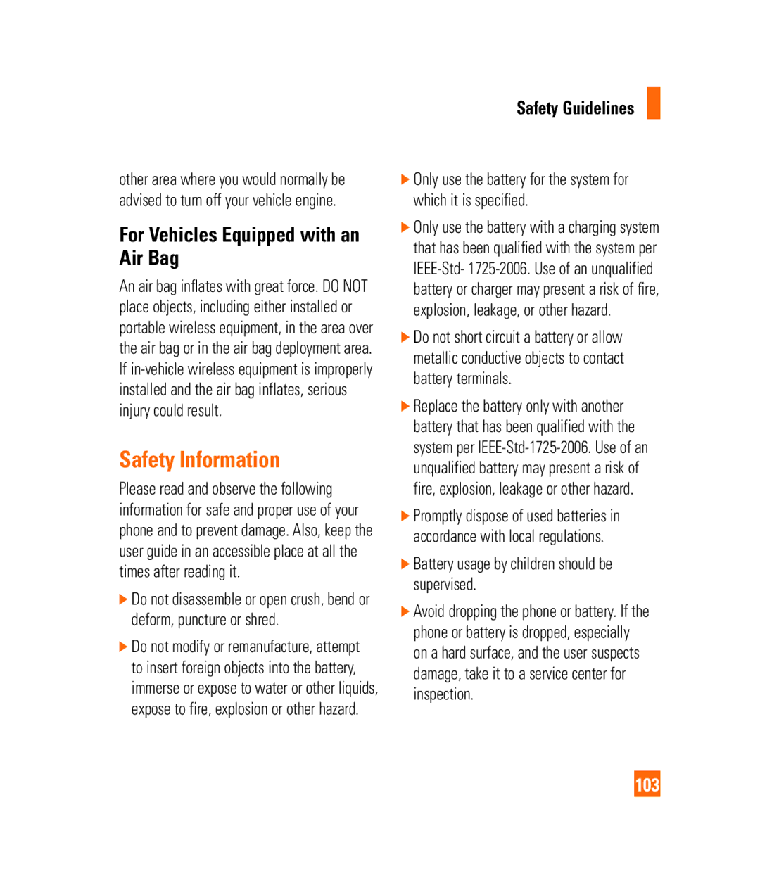 LG Electronics 3350232 manual Safety Information, For Vehicles Equipped with an Air Bag, 103 