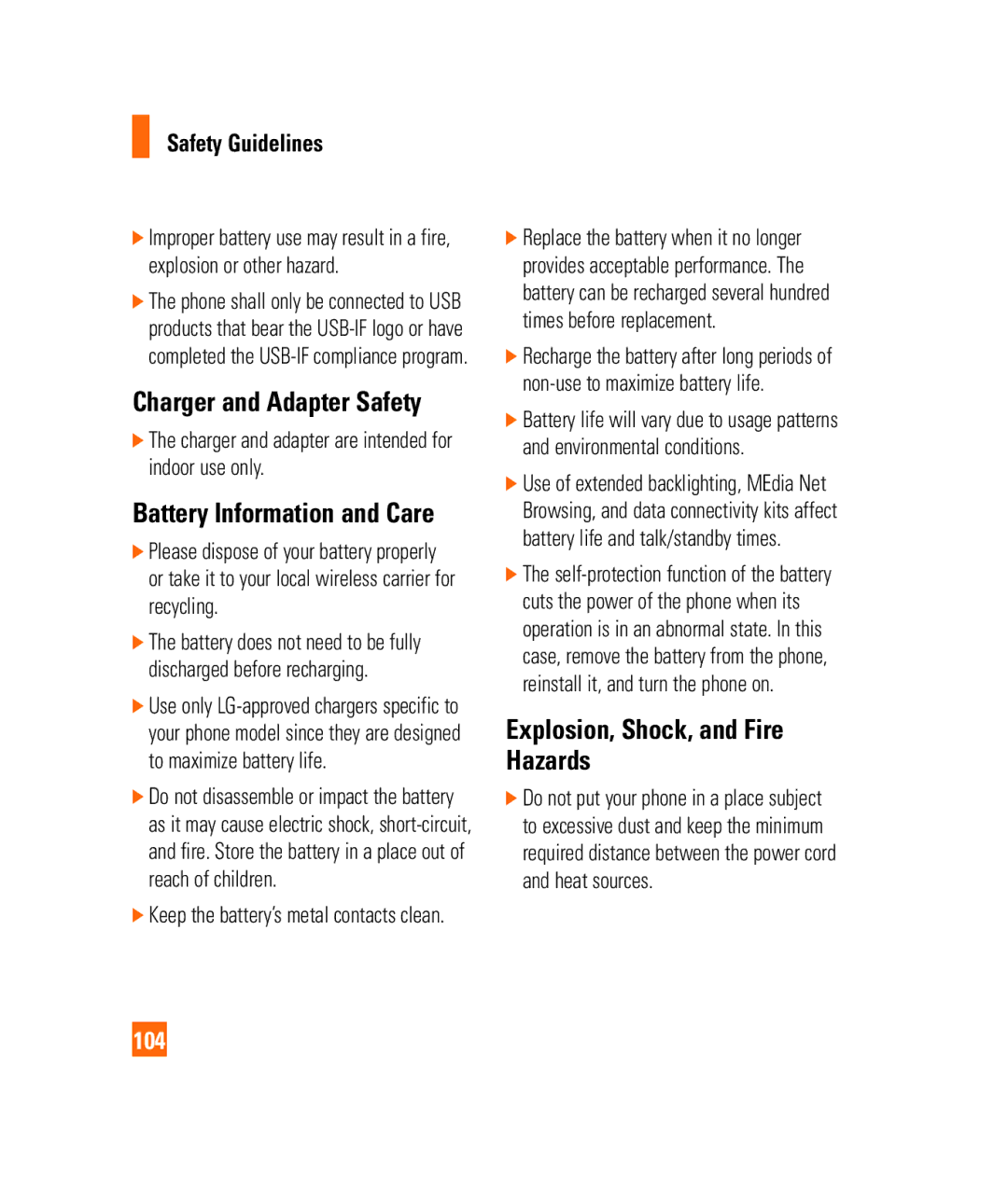 LG Electronics 3350232 Charger and Adapter Safety, Battery Information and Care, Explosion, Shock, and Fire Hazards, 104 