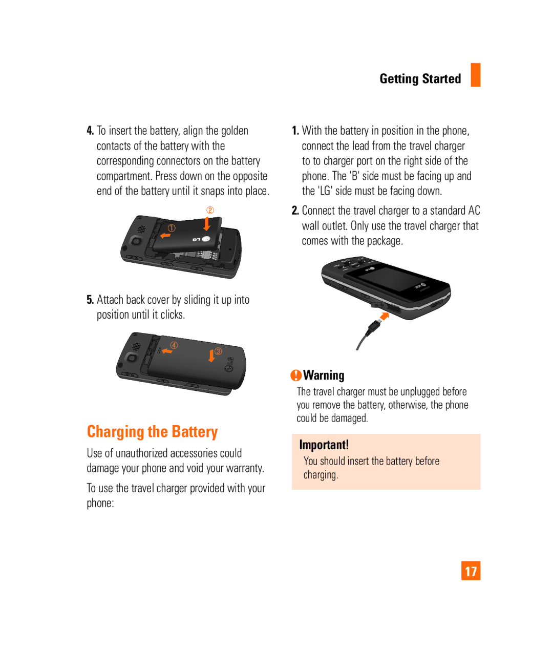 LG Electronics 3350232 manual Charging the Battery, Getting Started, To use the travel charger provided with your phone 