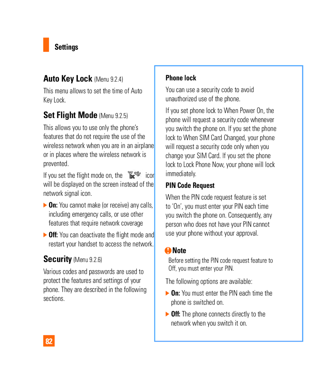 LG Electronics 3350232 manual Auto Key Lock Menu, Set Flight Mode Menu, Phone lock, PIN Code Request 