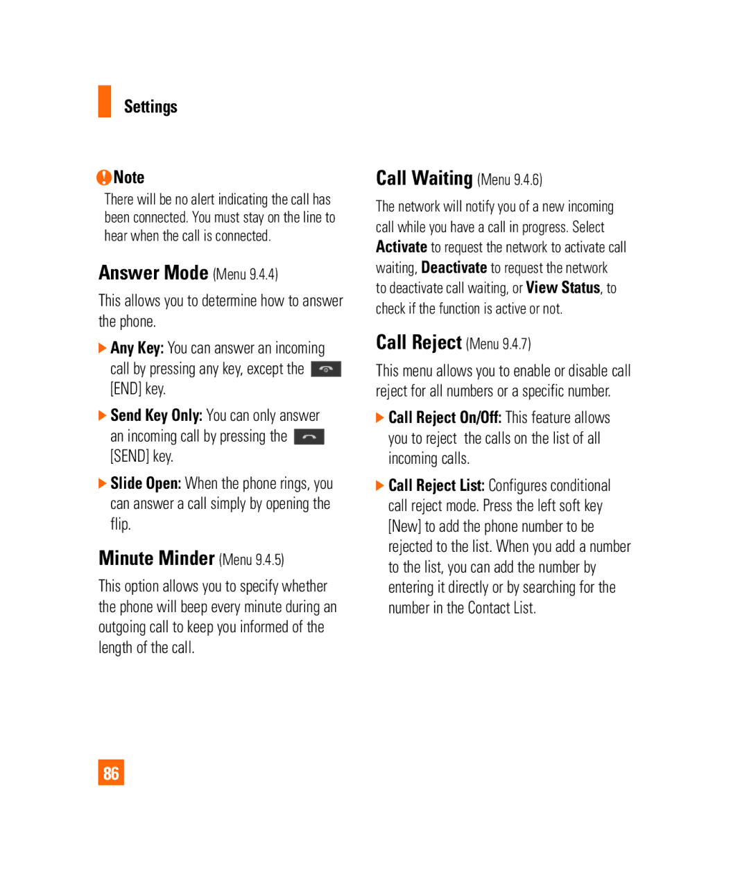 LG Electronics 3350232 manual Answer Mode Menu, Minute Minder Menu, Call Waiting Menu, Call Reject Menu 