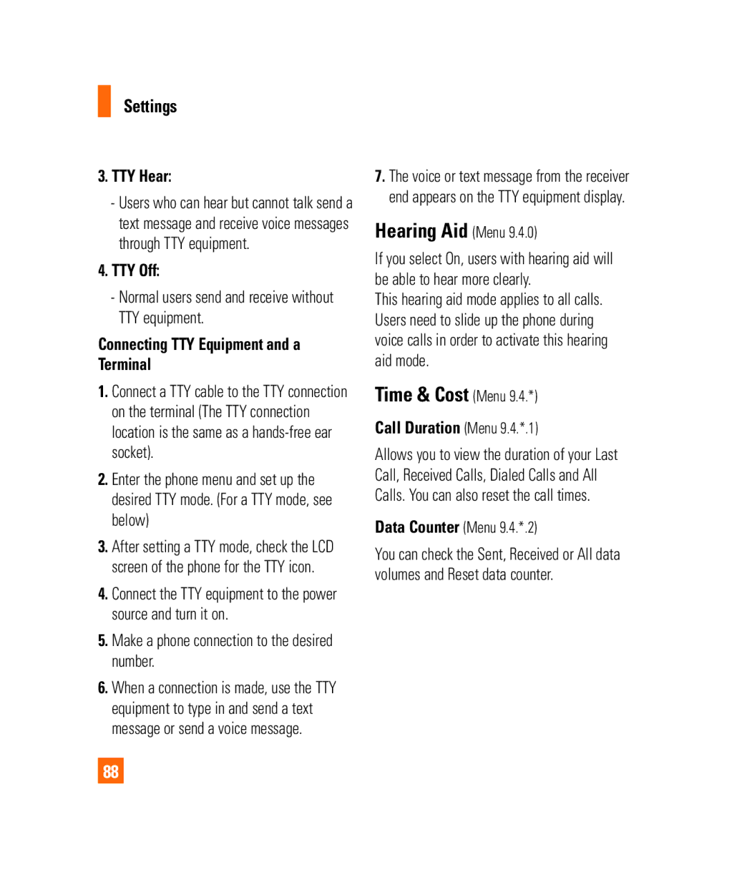 LG Electronics 3350232 manual Hearing Aid Menu, Time & Cost Menu, TTY Hear, TTY Off, Call Duration Menu 9.4.*.1 