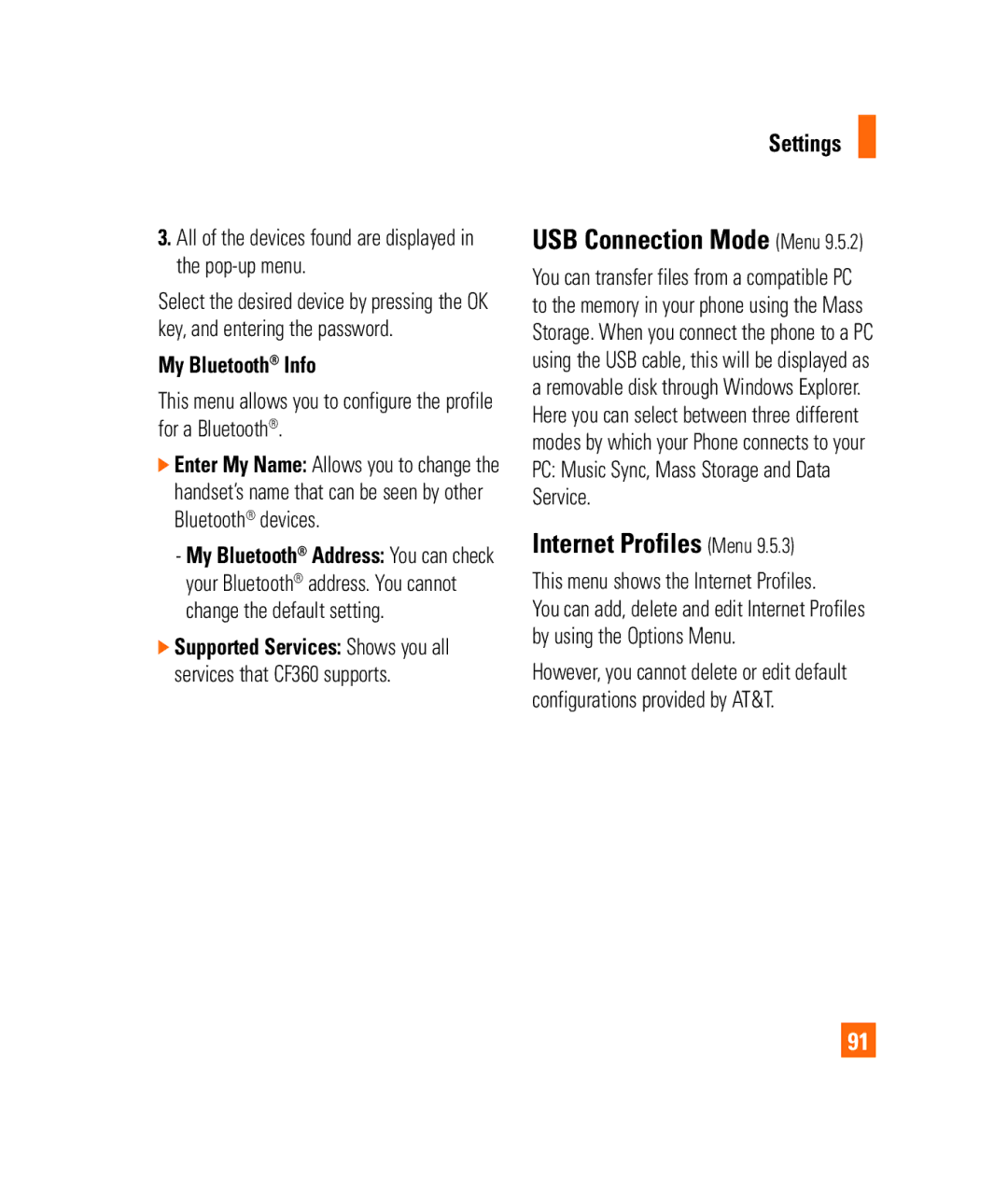 LG Electronics 3350232 manual Internet Profiles Menu, Settings USB Connection Mode Menu, My Bluetooth Info 