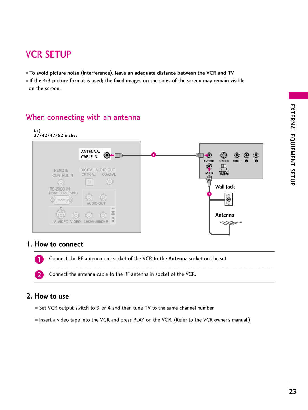 LG Electronics 4422LLBB44DD, 3377LLBB44DD, 3377LLBB55DD, 3322LLBB44DD owner manual VCR Setup, When connecting with an antenna 