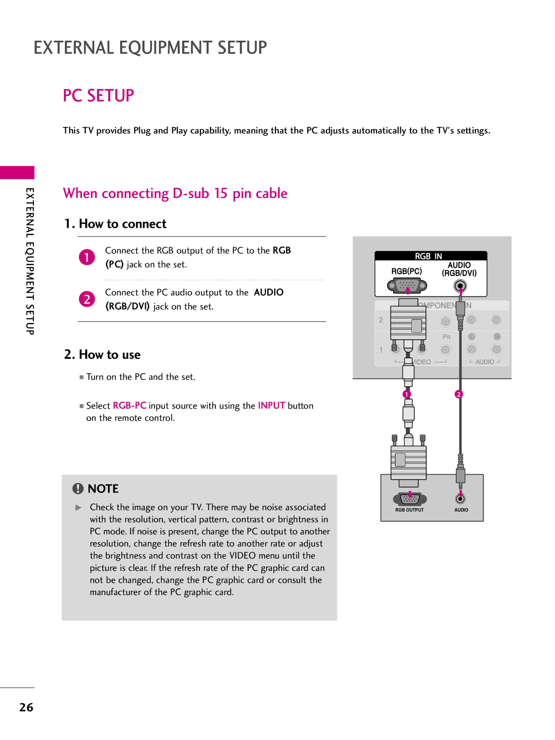 LG Electronics 3377LLBB44DD, 3377LLBB55DD, 3322LLBB44DD, 4477LLBB55DD PC Setup, When connecting D-sub 15 pin cable 