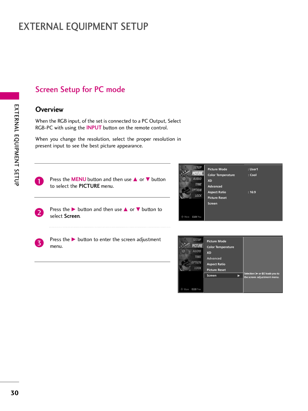 LG Electronics 4422LLBB44DD Screen Setup for PC mode, Overview, Press the G button to enter the screen adjustment Menu 