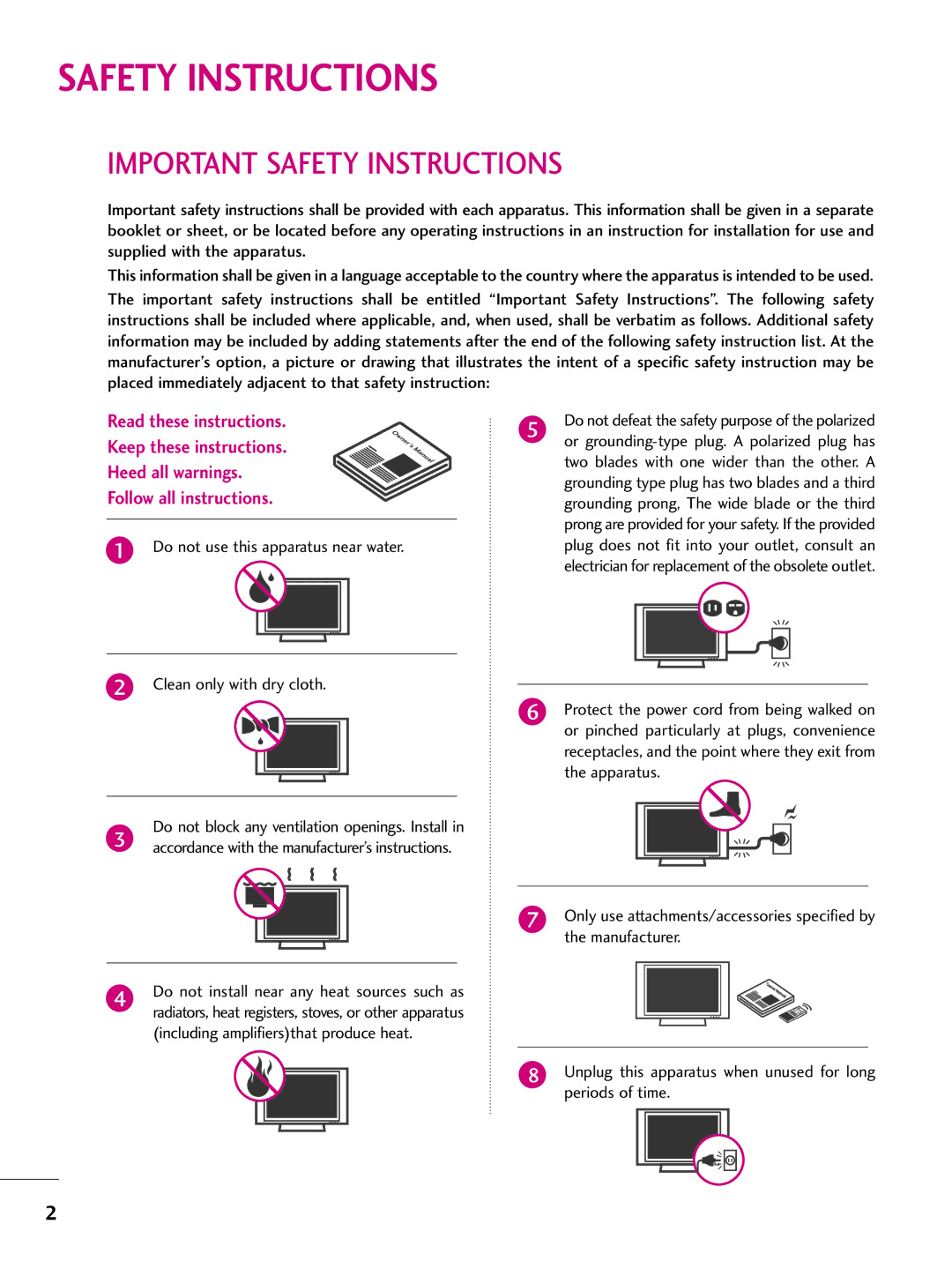 LG Electronics 4422LLBB44DD, 3377LLBB44DD, 3377LLBB55DD Important Safety Instructions, Do not use this apparatus near water 