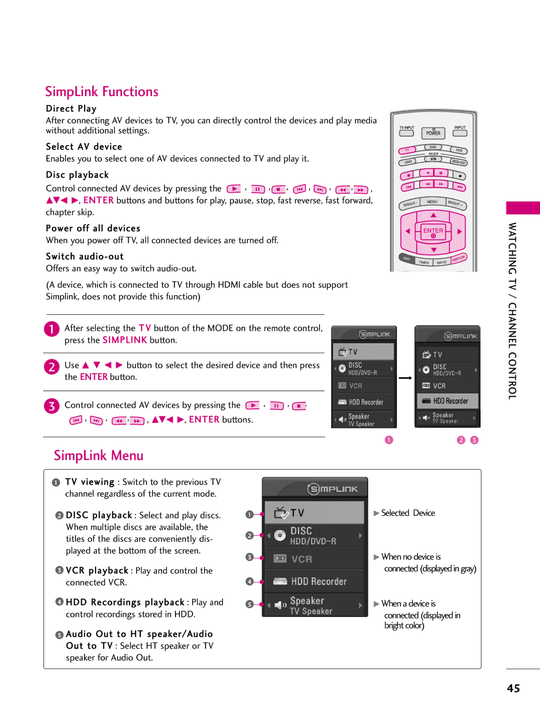 LG Electronics 4422LLBB55DD, 3377LLBB44DD, 3377LLBB55DD, 3322LLBB44DD SimpLink Functions, SimpLink Menu, When a device is 