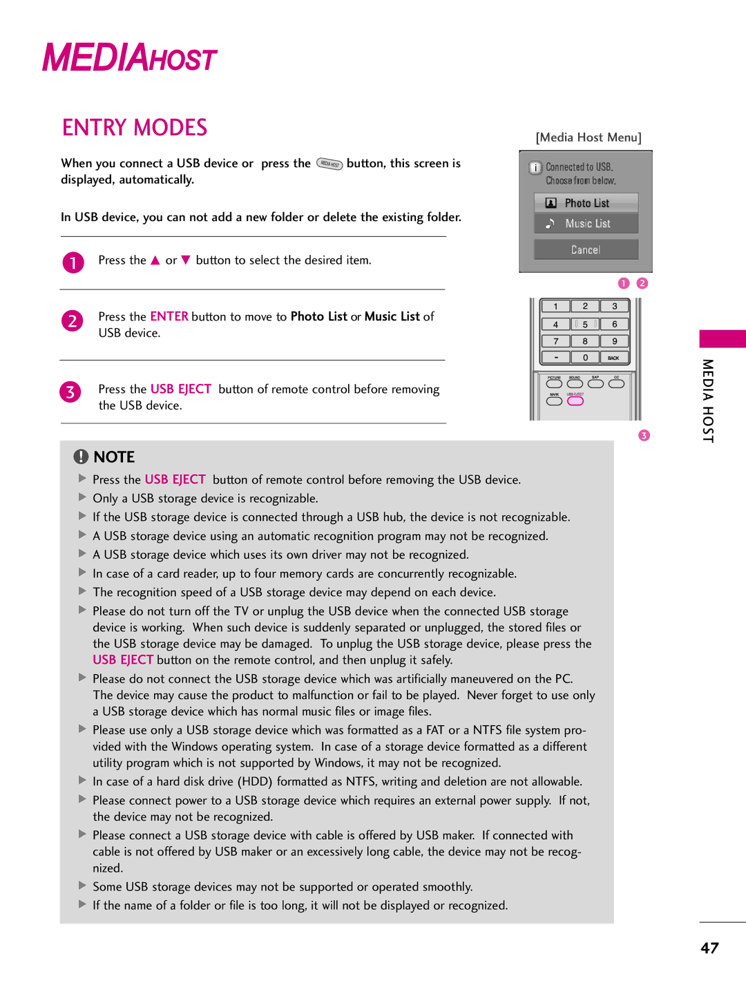 LG Electronics 3377LLBB44DD, 3377LLBB55DD, 3322LLBB44DD, 4477LLBB55DD, 4422LLBB44DD, 4422LLBB55DD Entry Modes, Media Host 