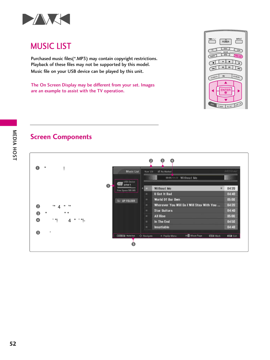 LG Electronics 4422LLBB55DD, 3377LLBB44DD owner manual Music List, Music file on your USB device can be played by this unit 