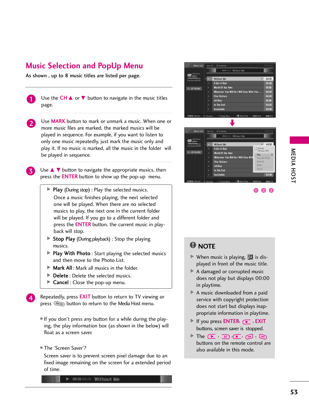 LG Electronics 5522LLBB55DD, 3377LLBB44DD, 3377LLBB55DD, 3322LLBB44DD, 4477LLBB55DD owner manual Music Selection and PopUp Menu 