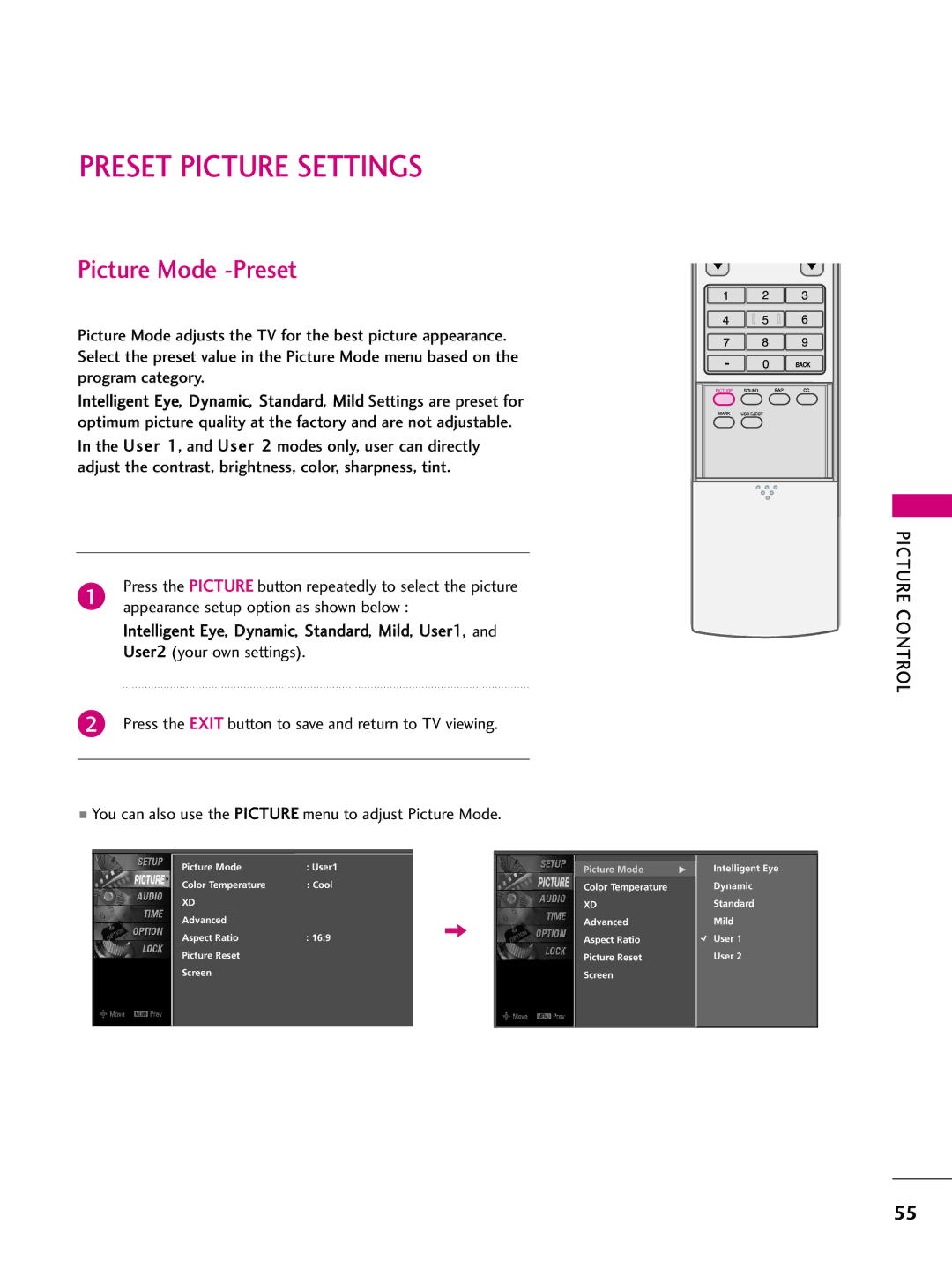 LG Electronics 3377LLBB55DD, 3377LLBB44DD, 3322LLBB44DD, 4477LLBB55DD Preset Picture Settings, Picture Mode -Preset 