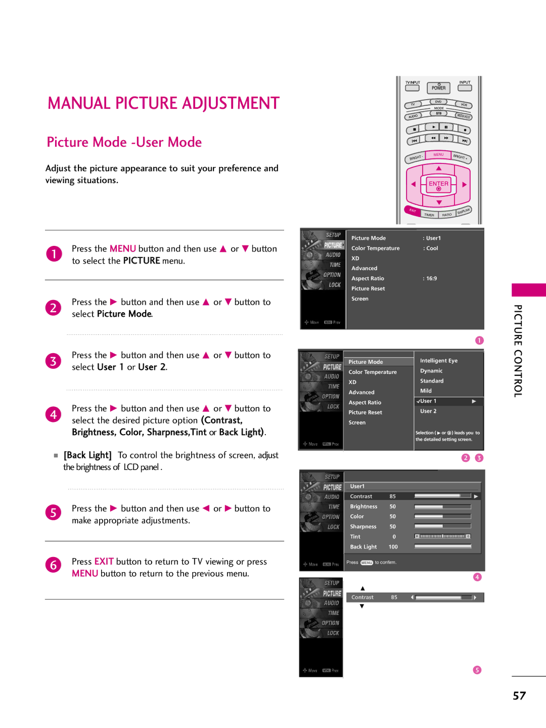 LG Electronics 4477LLBB55DD, 3377LLBB44DD, 3377LLBB55DD, 3322LLBB44DD Manual Picture Adjustment, Picture Mode -User Mode 