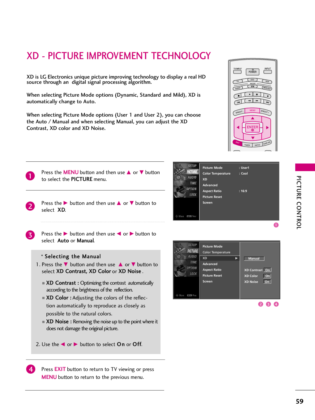 LG Electronics 4422LLBB55DD XD Picture Improvement Technology, Select XD, Use the F or G button to select O n or Off 