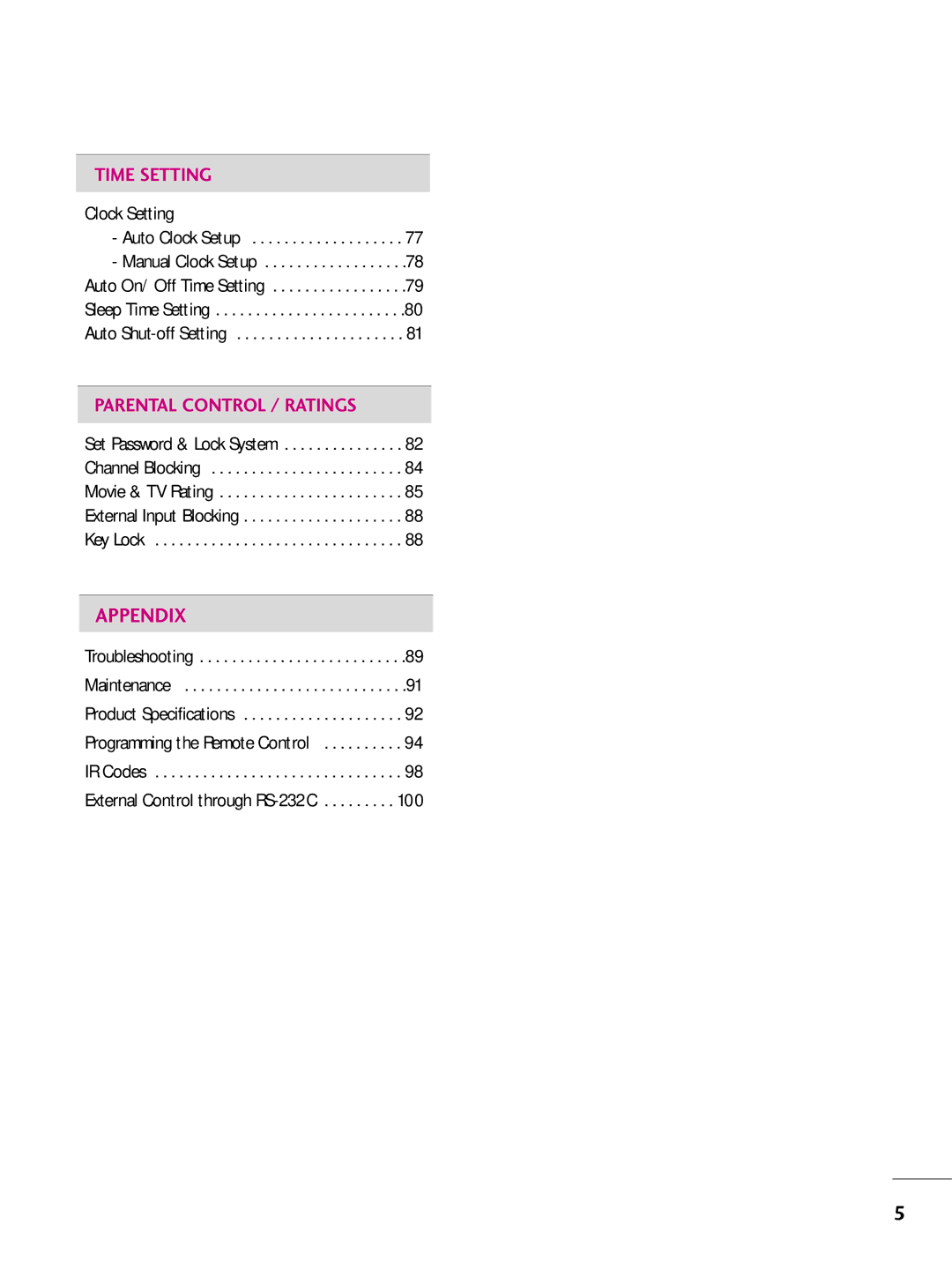 LG Electronics 3377LLBB44DD Troubleshooting Maintenance Product Specifications, IR Codes External Control through RS-232C 