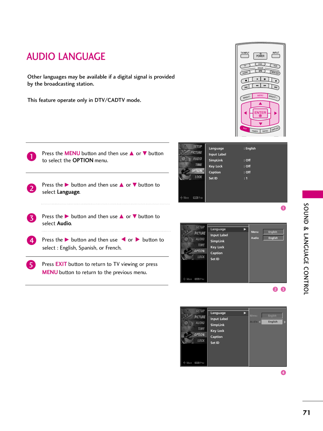 LG Electronics 4477LLBB55DD, 3377LLBB44DD, 3377LLBB55DD, 3322LLBB44DD, 4422LLBB44DD Audio Language, Select Language 