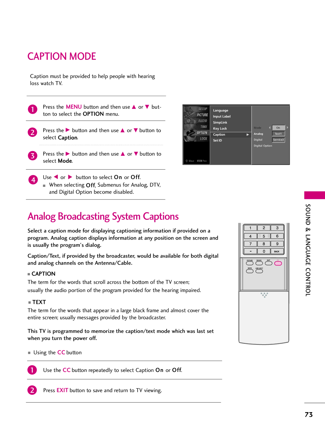 LG Electronics 4422LLBB55DD, 3377LLBB44DD, 3377LLBB55DD, 3322LLBB44DD, 4477LLBB55DD, 4422LLBB44DD Caption Mode, Text 