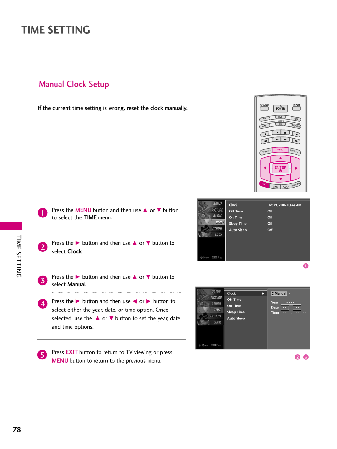 LG Electronics 4477LLBB55DD, 3377LLBB44DD, 3377LLBB55DD owner manual Manual Clock Setup, Setting, Select Clock, Select Manual 