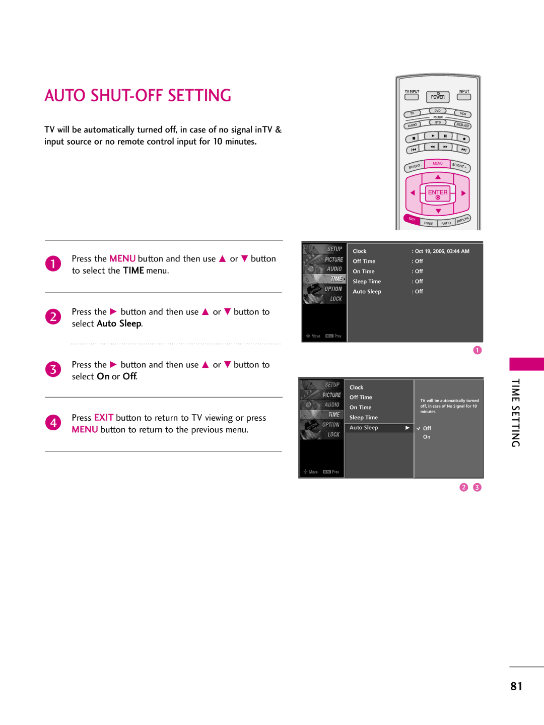 LG Electronics 5522LLBB55DD, 3377LLBB44DD, 3377LLBB55DD, 3322LLBB44DD, 4477LLBB55DD, 4422LLBB44DD Auto SHUT-OFF Setting 