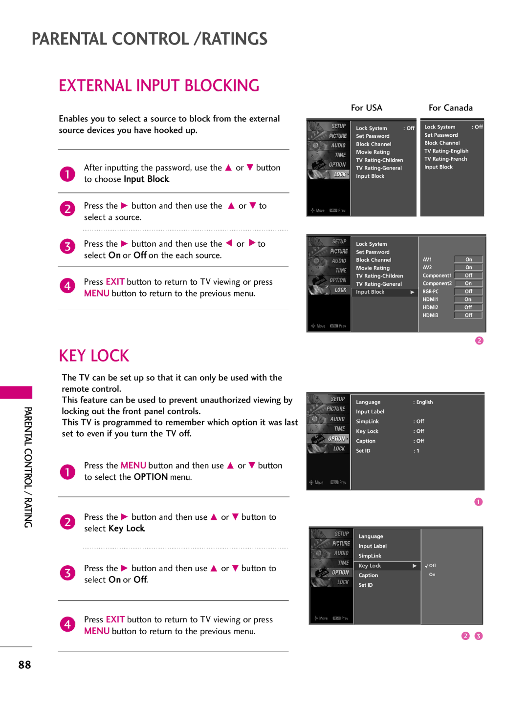 LG Electronics 5522LLBB55DD, 3377LLBB44DD owner manual KEY Lock, To choose Input Block, Locking out the front panel controls 