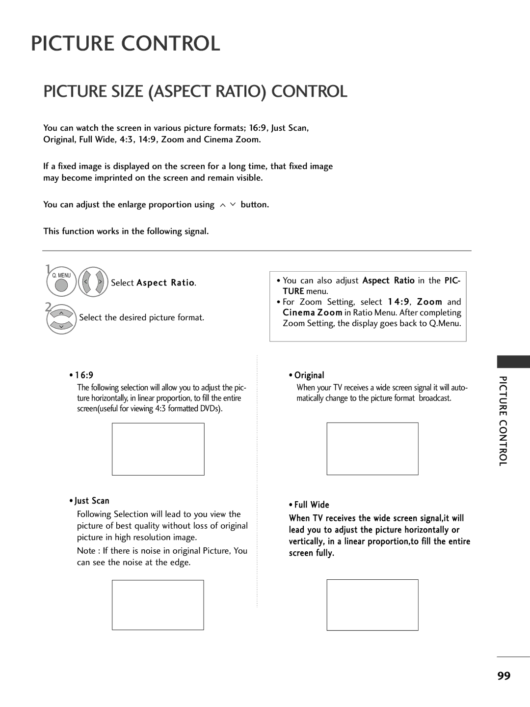 LG Electronics 4422LLHH4400, 3377LLHH4400, 3377LLHH3300, 3322LLHH3300 Picture Size Aspect Ratio Control, Picture Control 