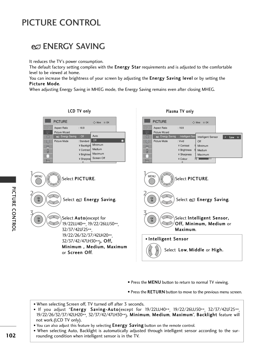 LG Electronics 1199LLUU4400, 3377LLHH4400, 3377LLHH3300, 3322LLHH3300, 3377LLHH2200 Energy Saving, 102, Picture, Select 