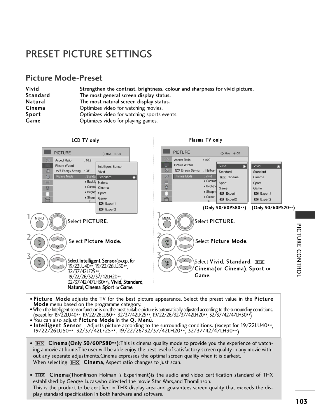 LG Electronics 3377LLHH4400, 3377LLHH3300, 3322LLHH3300, 3377LLHH2200 Preset Picture Settings, Picture Mode-Preset, 103 