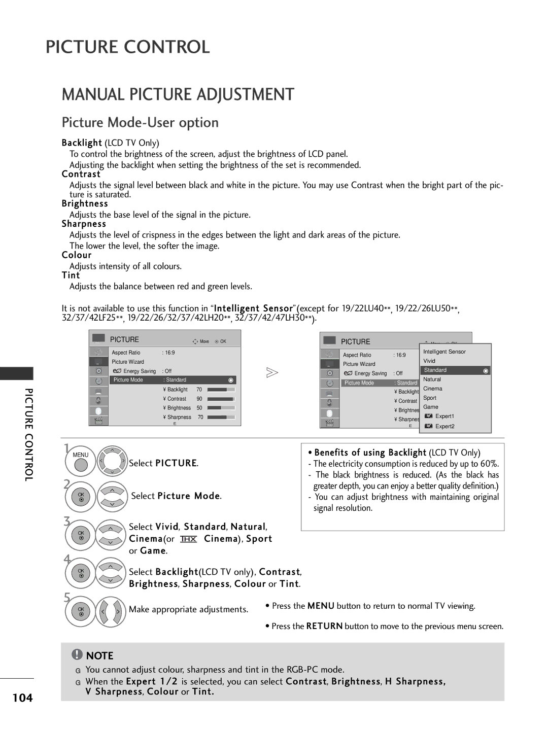 LG Electronics 3377LLHH3300, 3377LLHH4400, 3322LLHH3300 Manual Picture Adjustment, 104, Sharpness, Colour or Tint 