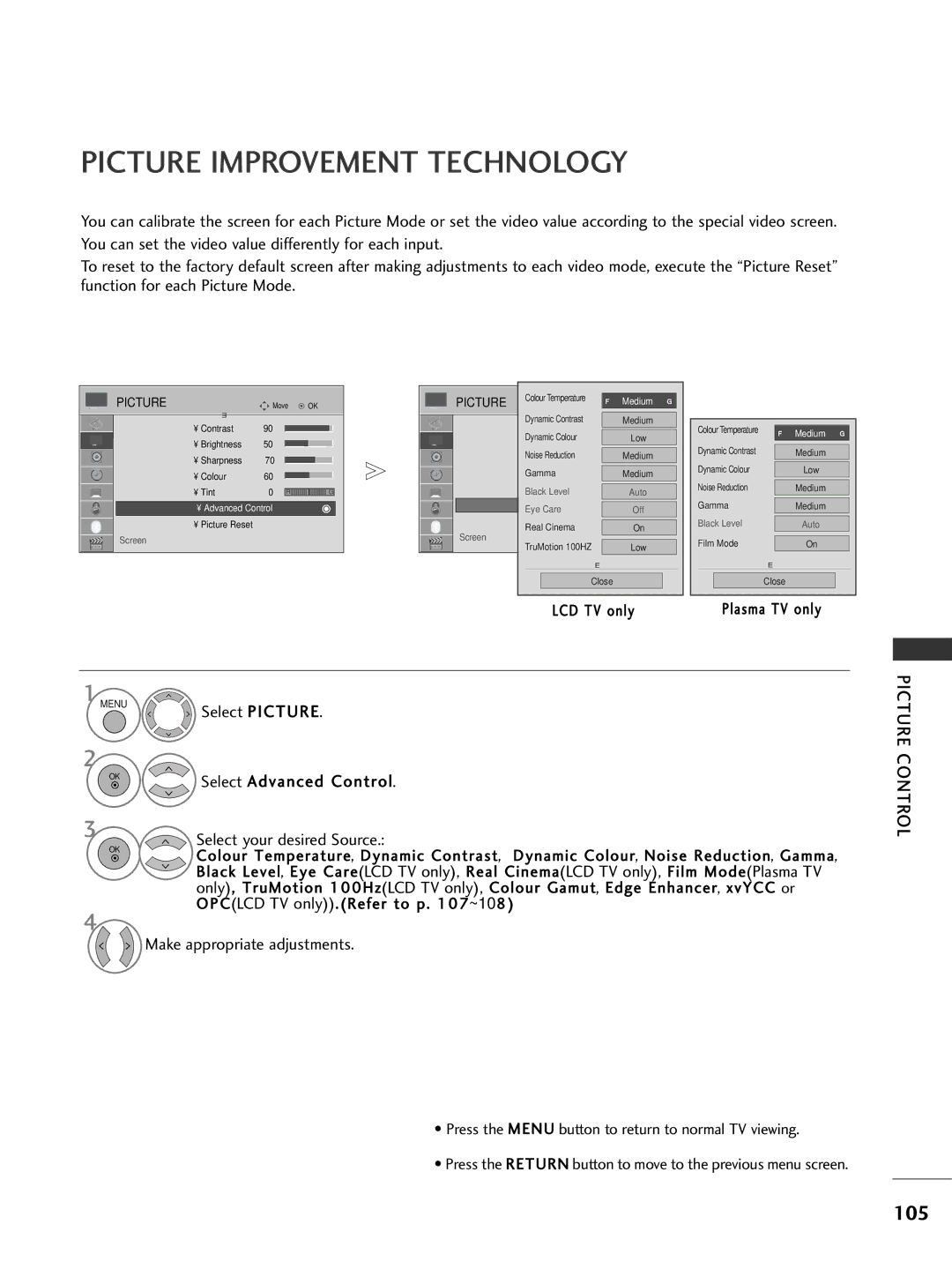 LG Electronics 3322LLHH3300, 3377LLHH4400, 3377LLHH3300 Picture Improvement Technology, 105, Select Advanced Control 