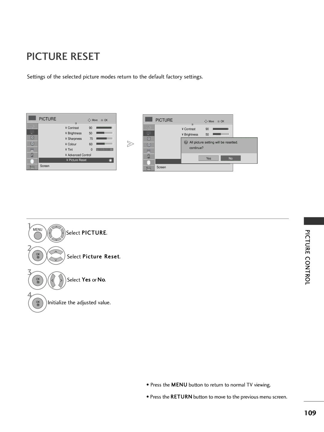 LG Electronics 3322LLHH2200, 3377LLHH4400, 3377LLHH3300, 3322LLHH3300, 3377LLHH2200, 3322LLHH4400 Picture Reset, 109 