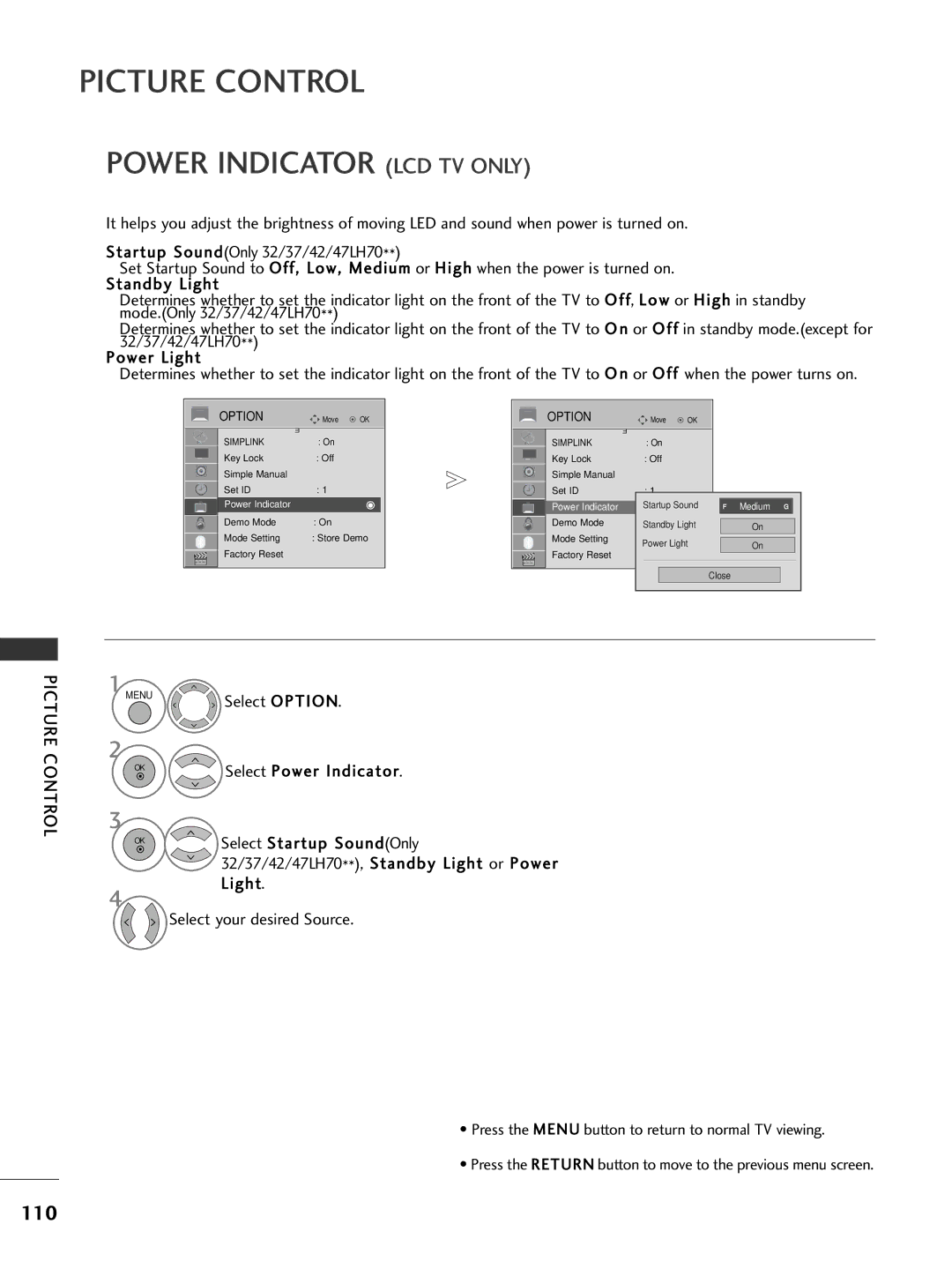 LG Electronics 3322LLHH5500, 3377LLHH4400 Power Indicator LCD TV only, 110, Select Power Indicator Select Startup 