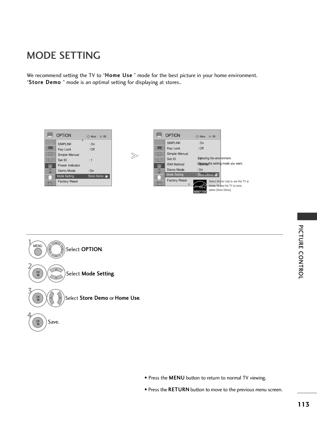 LG Electronics 2222LLHH2200, 3377LLHH4400, 3377LLHH3300, 3322LLHH3300, 3377LLHH2200, 3322LLHH4400 owner manual Mode Setting, 113 