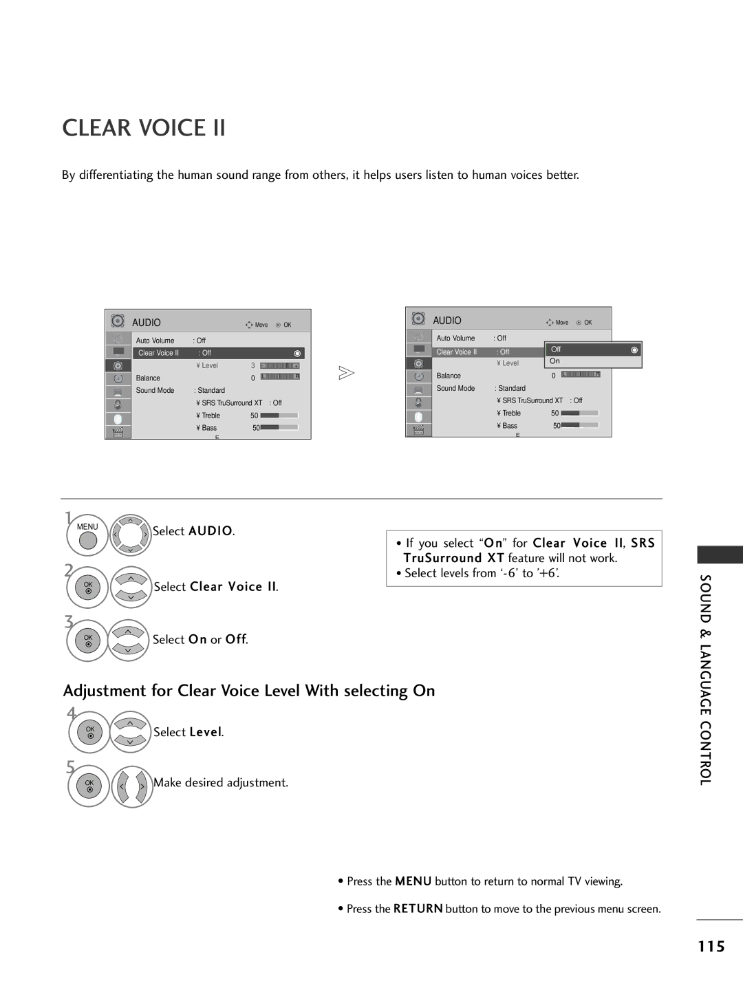 LG Electronics 2266LLHH2200, 3377LLHH4400, 3377LLHH3300, 3322LLHH3300, 3377LLHH2200, 3322LLHH4400 owner manual Clear Voice, 115 