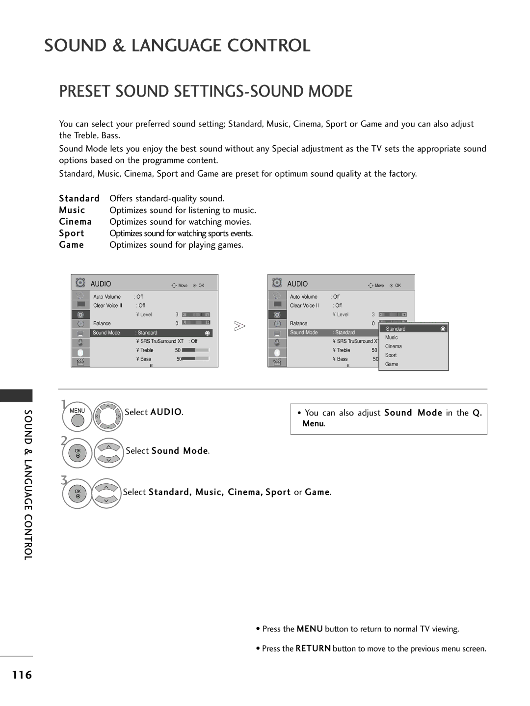 LG Electronics 4477LLHH4400 Preset Sound SETTINGS-SOUND Mode, 116, Select Audio You can also adjust Sound Mode in the Q 