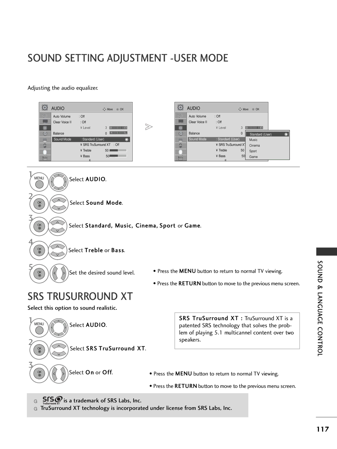 LG Electronics 4422LLHH3300, 3377LLHH4400, 3377LLHH3300 Sound Setting Adjustment -USER Mode, 117, Language Control 