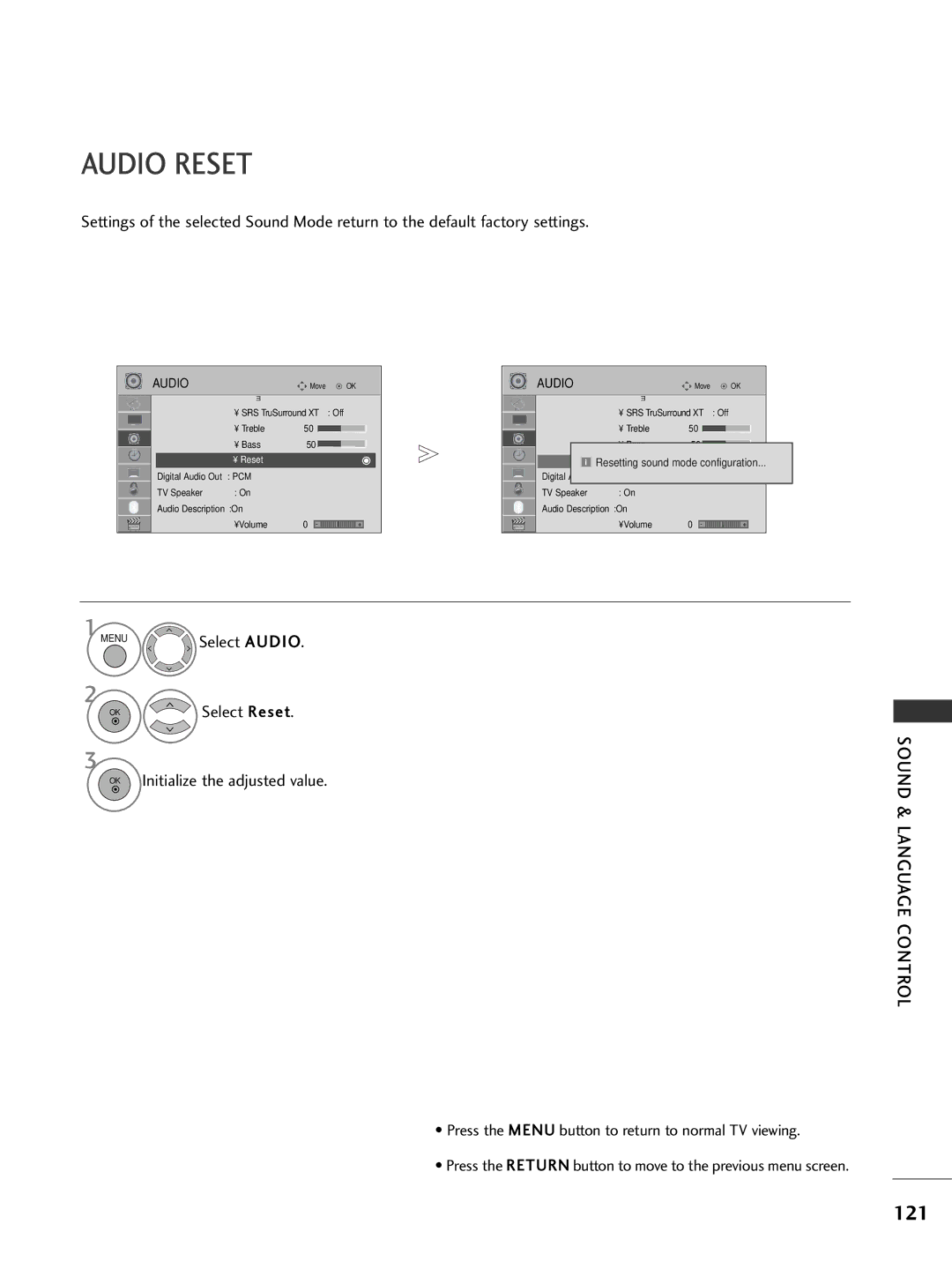 LG Electronics 1199LLHH2200, 3377LLHH4400, 3377LLHH3300, 3322LLHH3300, 3377LLHH2200, 3322LLHH4400 owner manual Audio Reset, 121 