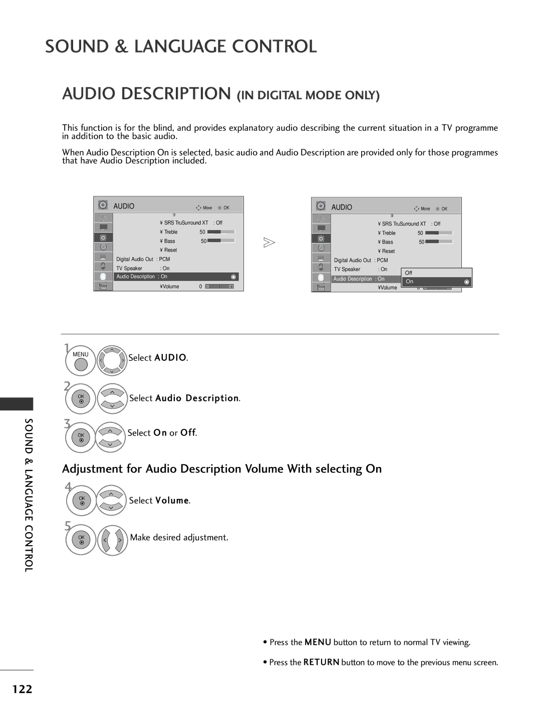 LG Electronics 1199LLUU5500, 3377LLHH4400, 3377LLHH3300, 3322LLHH3300, 3377LLHH2200 owner manual 122, Select Audio Description 