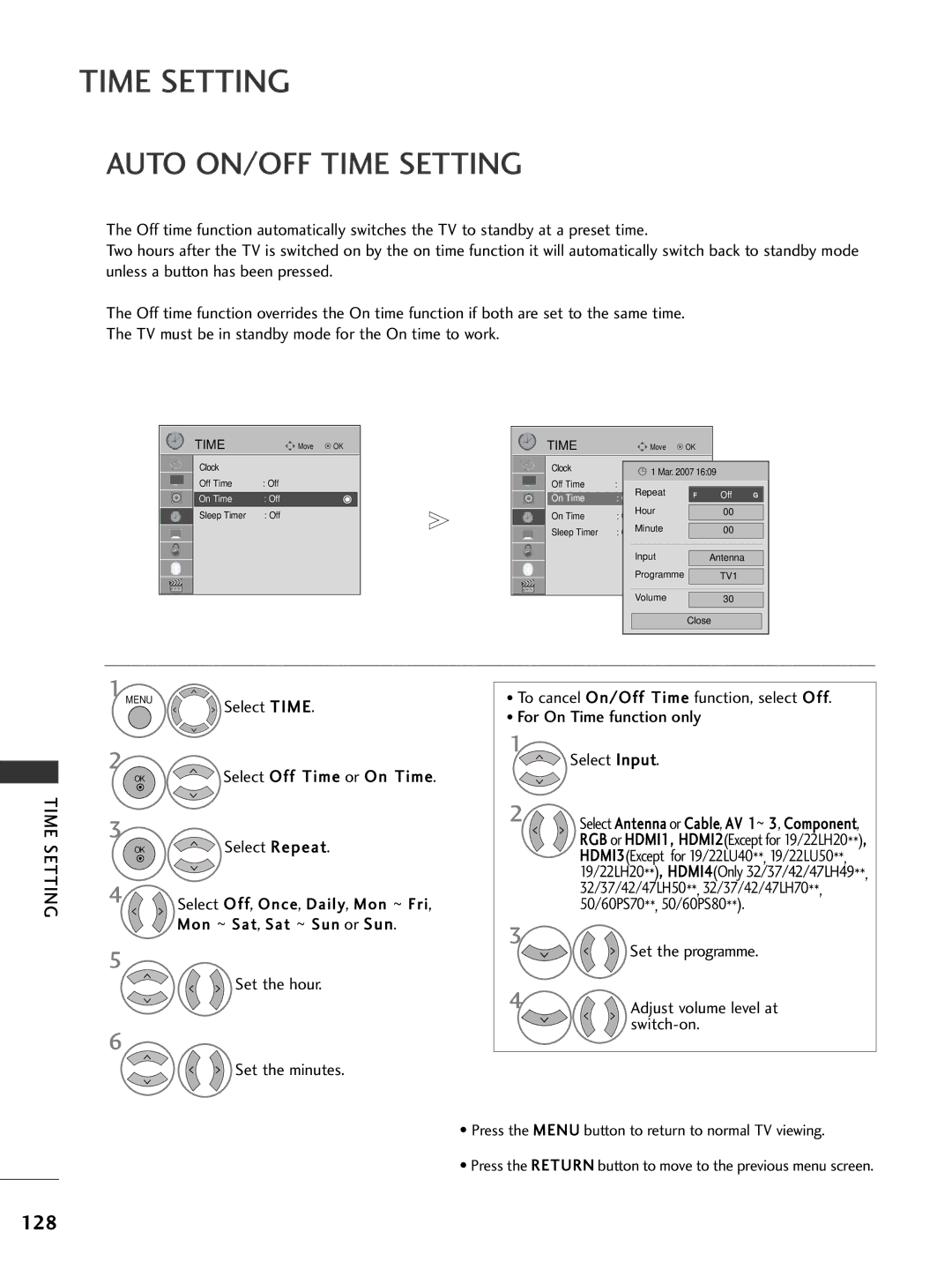 LG Electronics 3322LLHH4400, 3377LLHH4400 Auto ON/OFF Time Setting, 128, Set the hour Set the minutes, Switch-on 