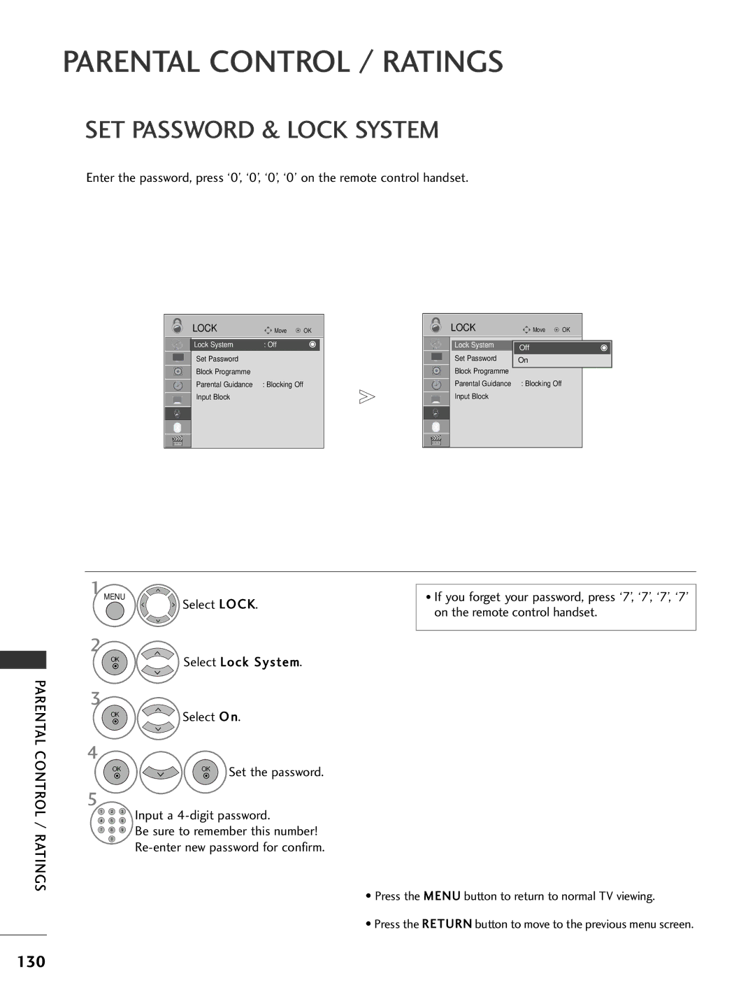 LG Electronics 3322LLHH2200 SET Password & Lock System, 130, Parental Control / Ratings, Select Lock System Select O n 