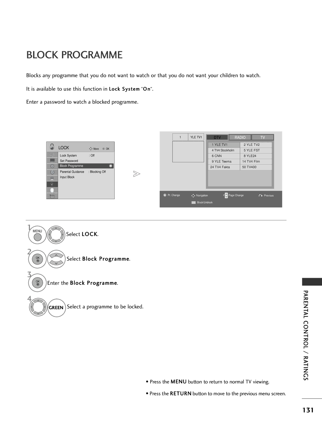 LG Electronics 3322LLHH5500, 3377LLHH4400 131, Select Block Programme, Green Select a programme to be locked 