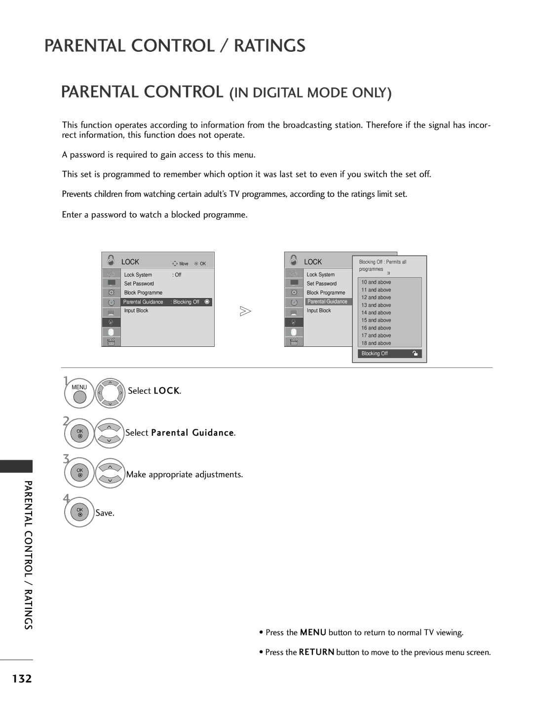 LG Electronics 2222LLUU5500, 3377LLHH4400, 3377LLHH3300 132, Select Lock Select Parental Guidance, Control / Ratings 